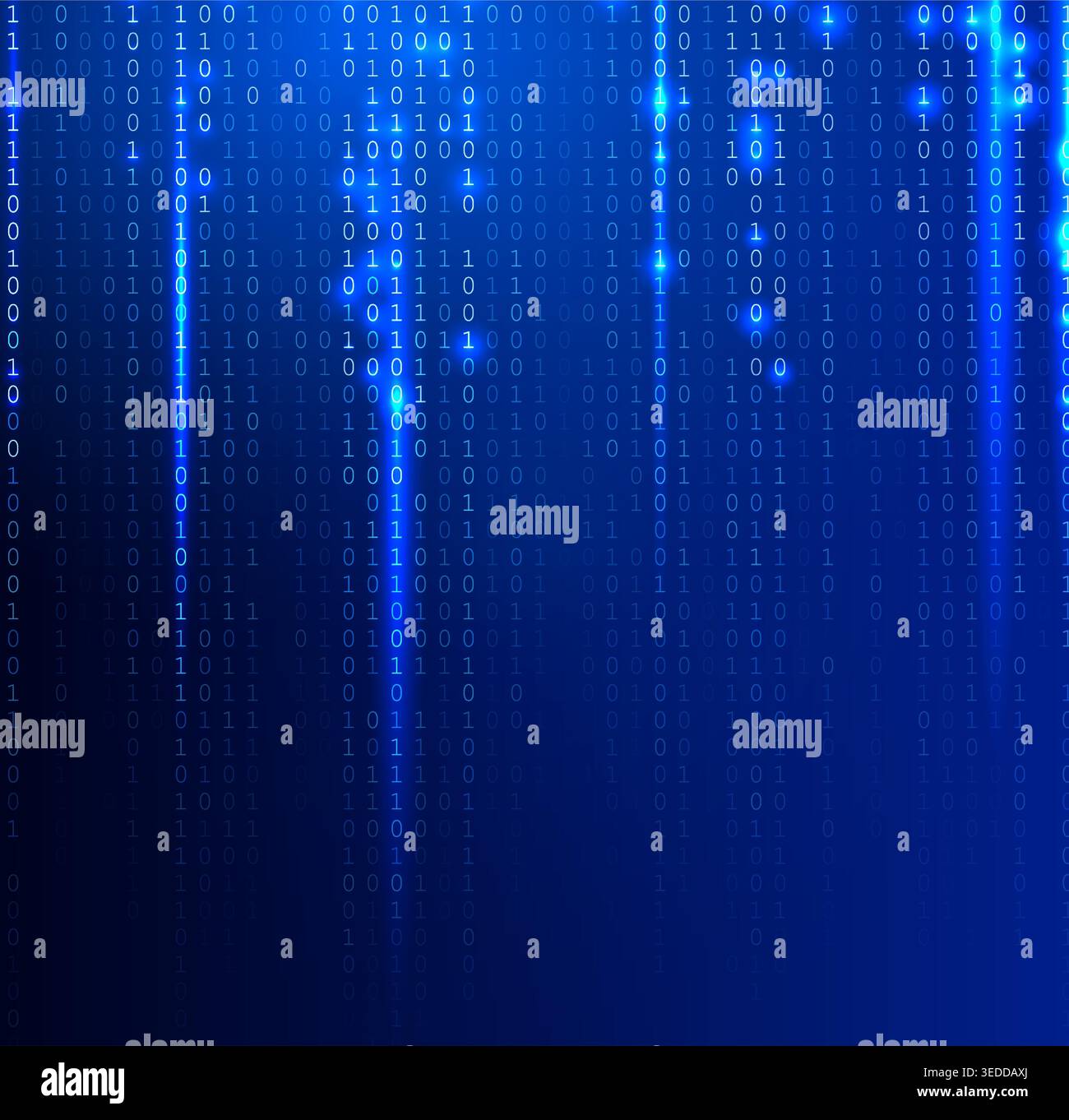 Blue Binary Code Background Glowing Digital Data Stream for AI Coding, Data Encryption, Cybersecurity, Software Engineering, Cloud Code Computing Stock Vector