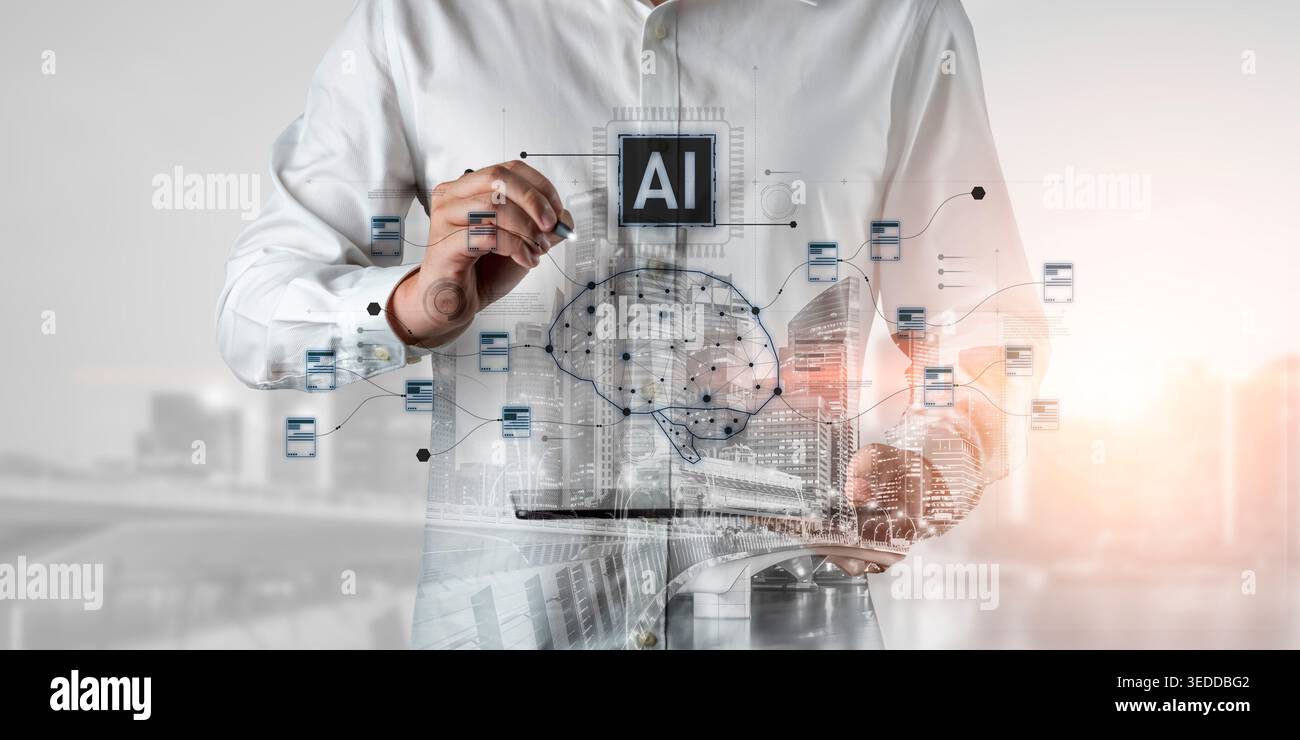 AI neural network and data processing system visualizing artificial intelligence with brain structure, chip, and connected data blocks for computation Stock Photo