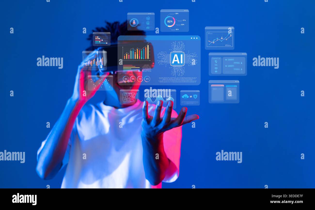 A striking visual showing a person interacting with advanced artificial intelligence data analytics, featuring vibrant graphics and charts that Stock Photo