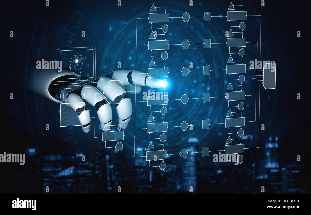 Futuristic Robot Hand Interacting with Digital Flowchart Interface in ...