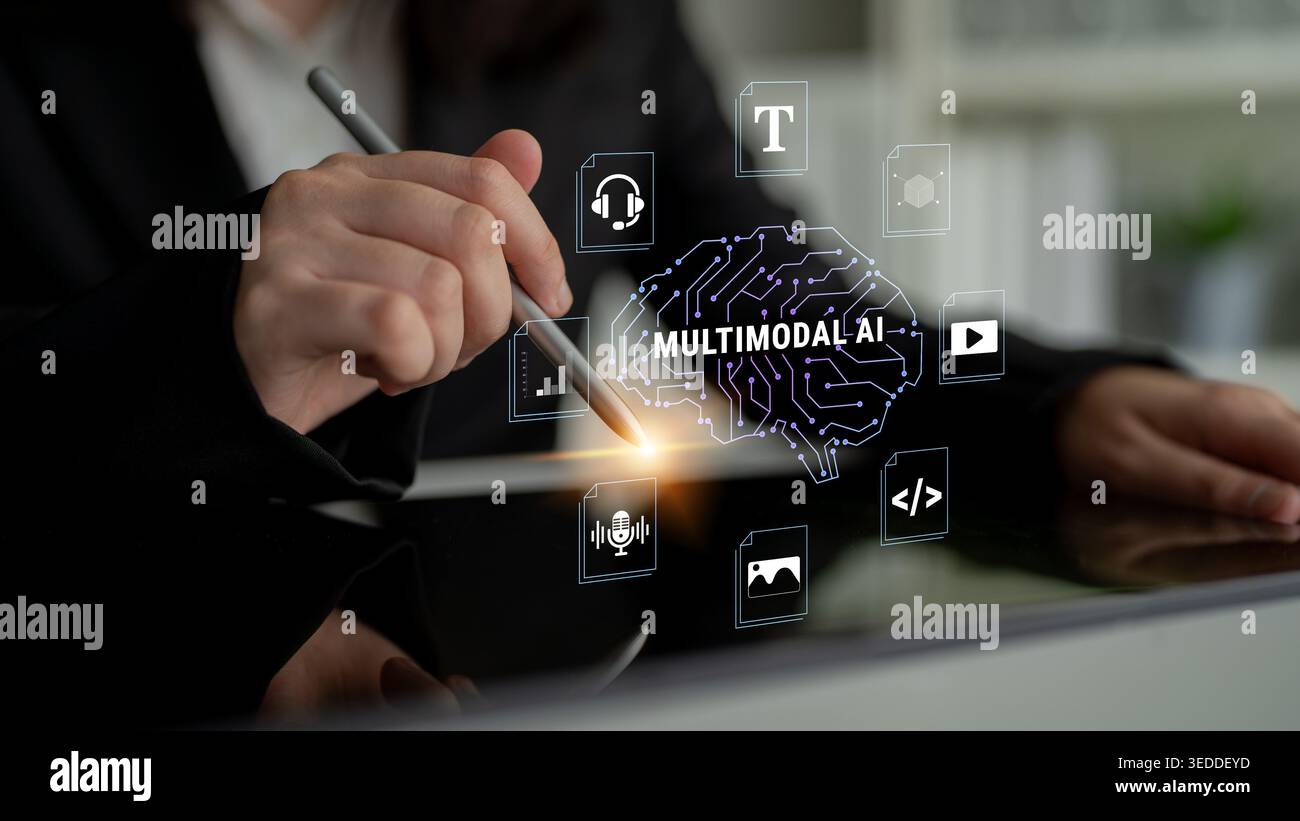 Conceptual Representation of Multimodal AI with Graphical User Interface Elements and Human Interaction in Modern Workspace Haptic. Stock Photo