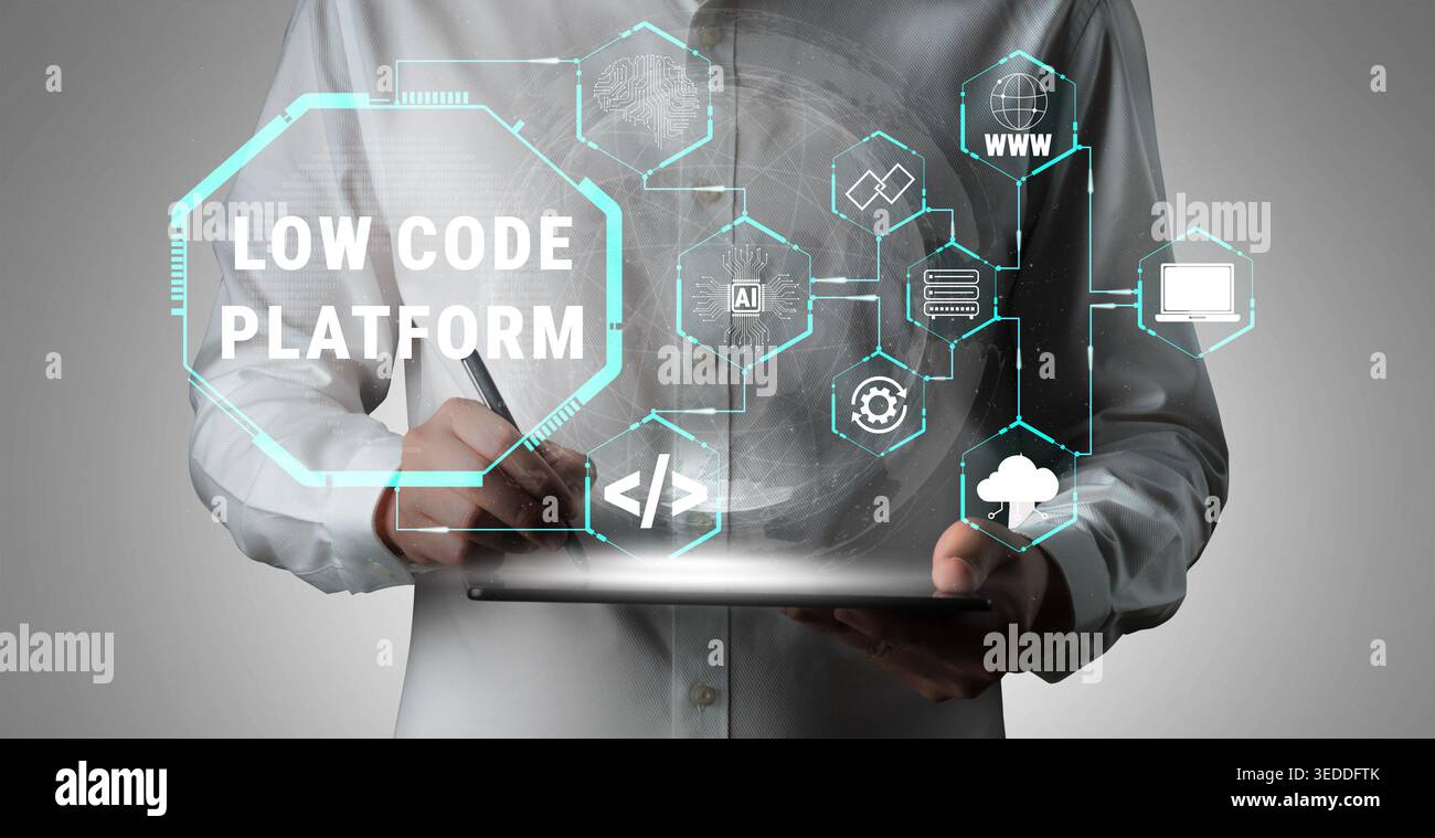 Business Professional Engaging with Low Code Platform Technology, Digital Transformation, Innovation, Automation, and Development Tools in Modern Stock Photo