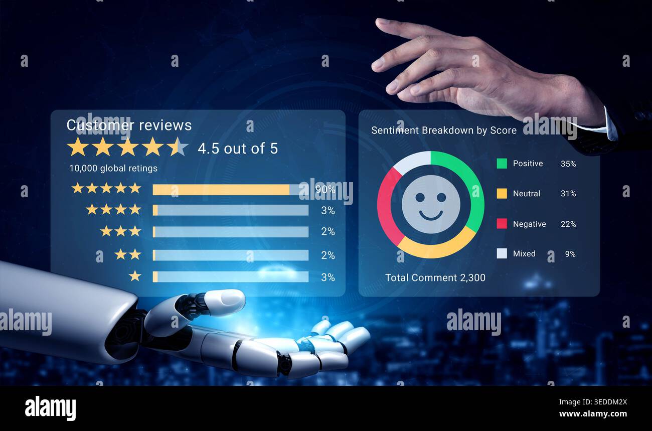 Futuristic depiction of human and robot interaction showcasing customer ...