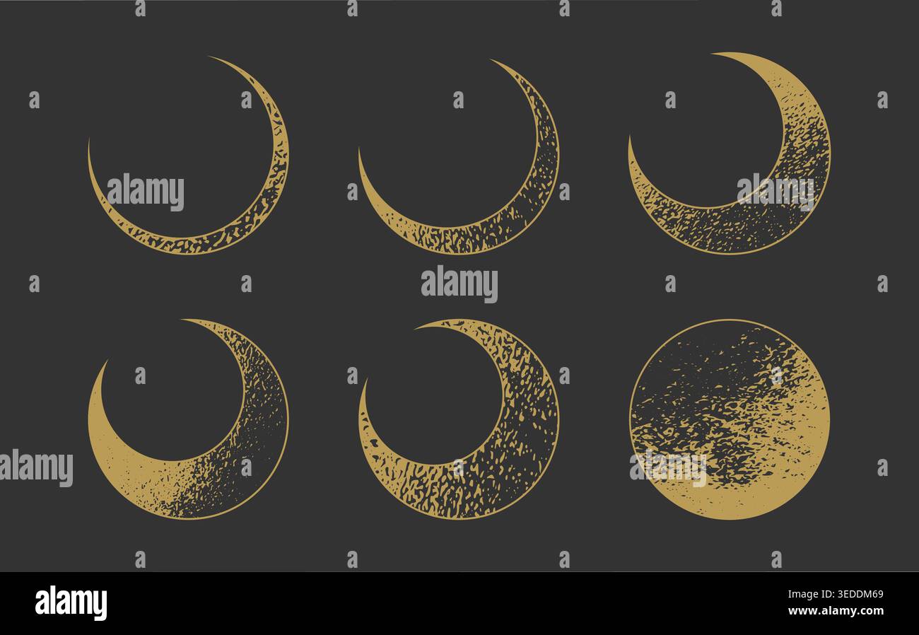 Moon phases, lunar cycle, textured crescent moon set. Vector illustration Stock Vector