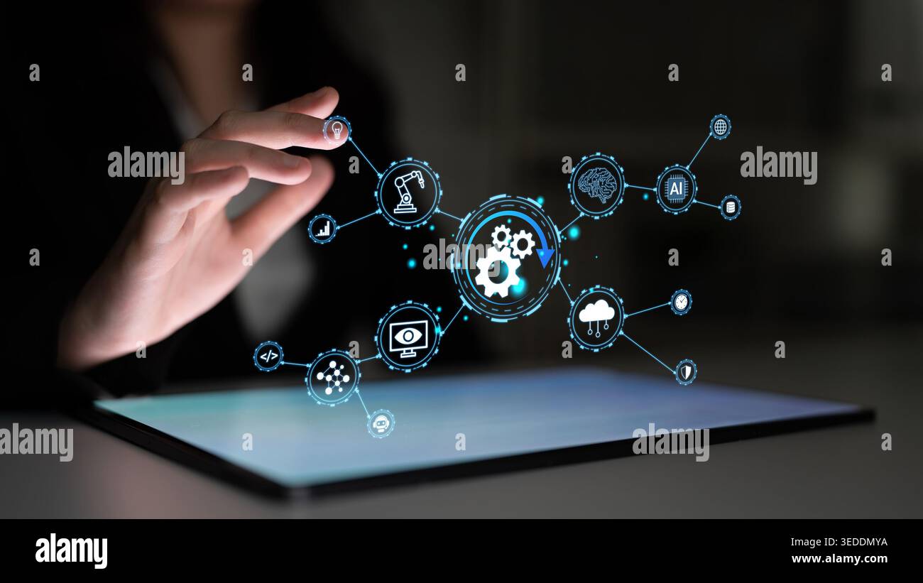 Futuristic Technology Interface with Hand Touching Digital Icons Representing Automation, Data, Cloud Computing, Artificial Intelligence, and Stock Photo