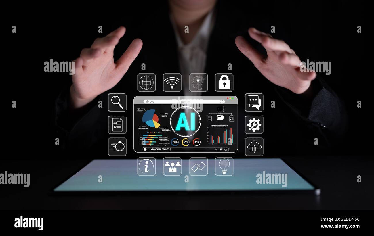 Business Person Interacting with Virtual AI Interface and Digital Data Visualization Tools for Future Technology and Innovation Concepts Quark. Stock Photo