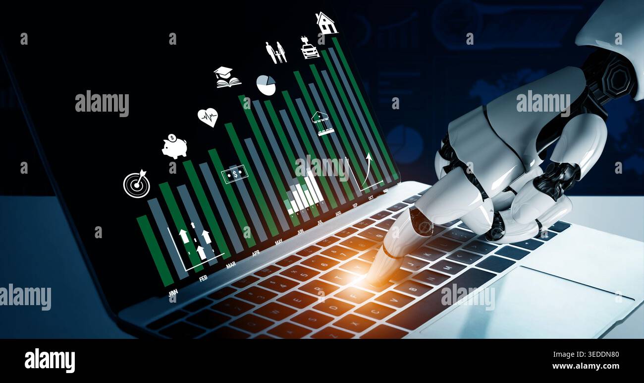 Innovative Robotic Hand Interacting with Laptop Displaying Data Visualization and Analytics in a Modern Digital Environment Quark. Stock Photo