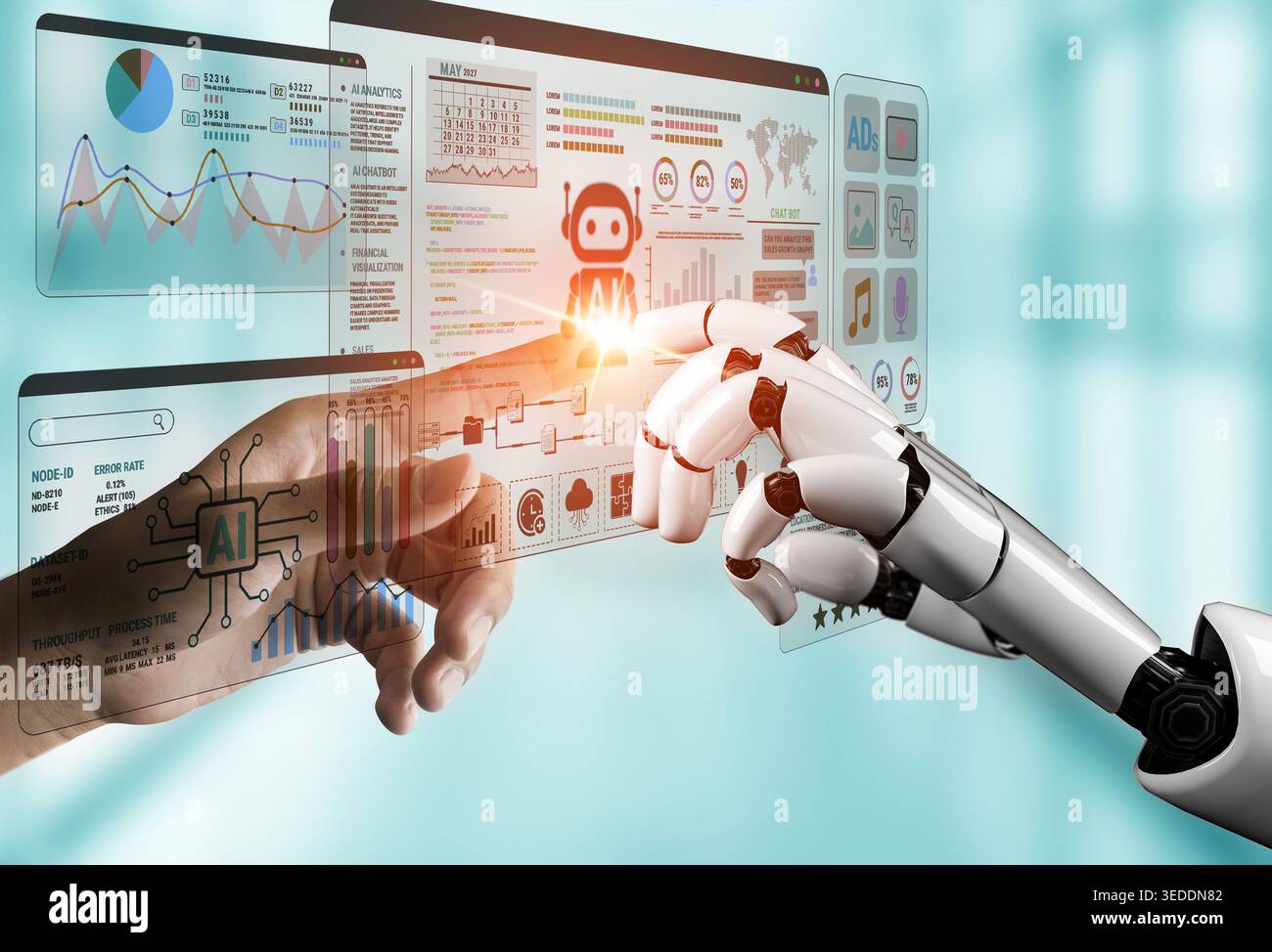 Human and Artificial Intelligence Connection with Data Visualization and Analytics in Modern Technology Environment Fluxor. Stock Photo
