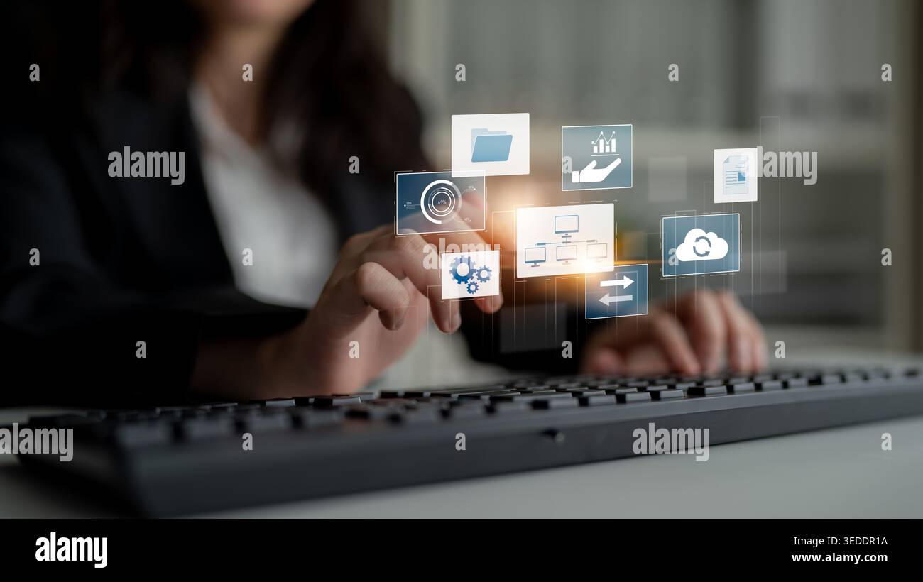 Digital business infrastructure with data system, analytics, sync. System management improves access, system management ensures performance, and Stock Photo