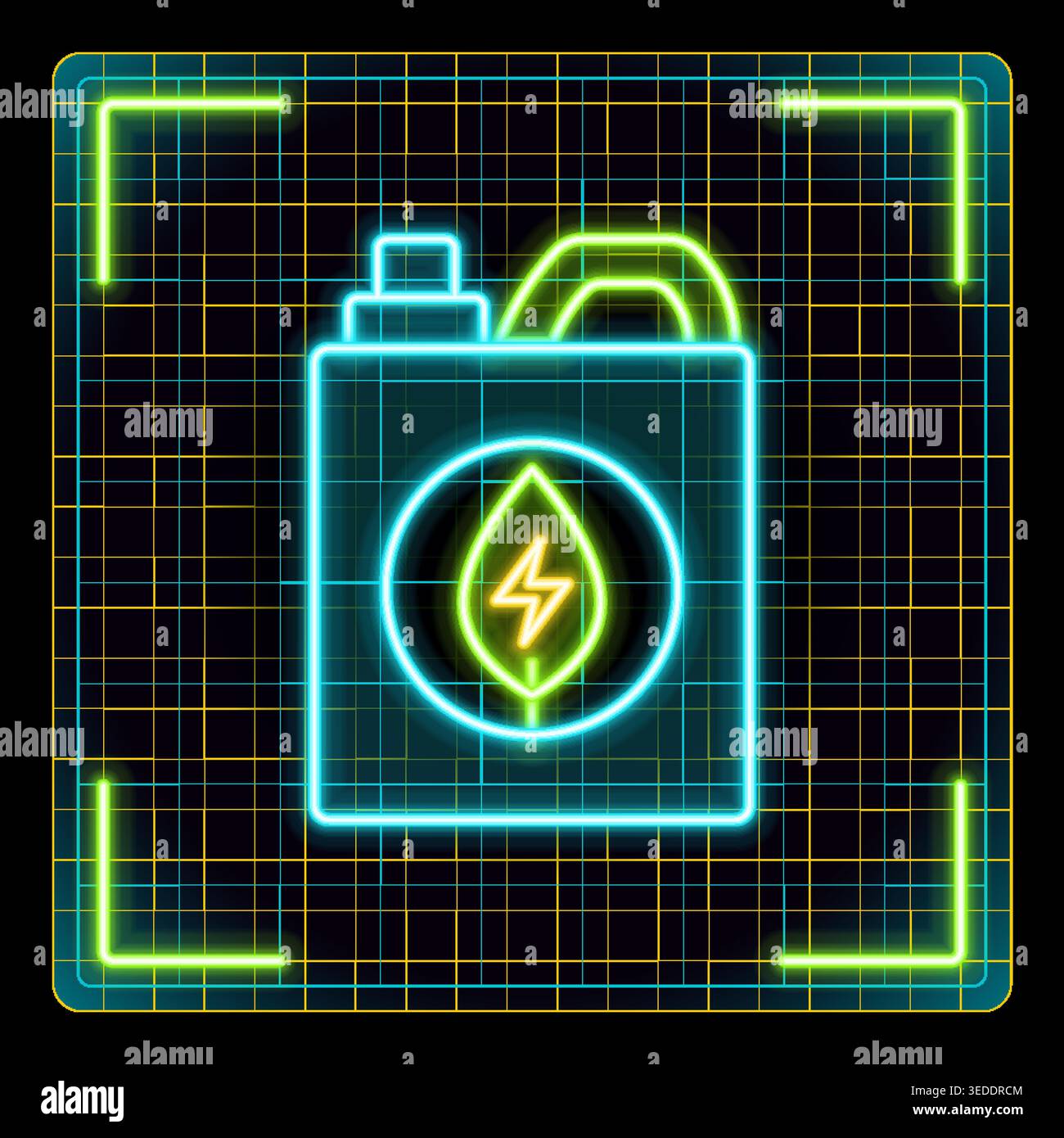 Futuristic fuel canister, also representing bio fuel. Electric leaf symbol pulses with energy inside. Grid pattern frames. Stock Vector