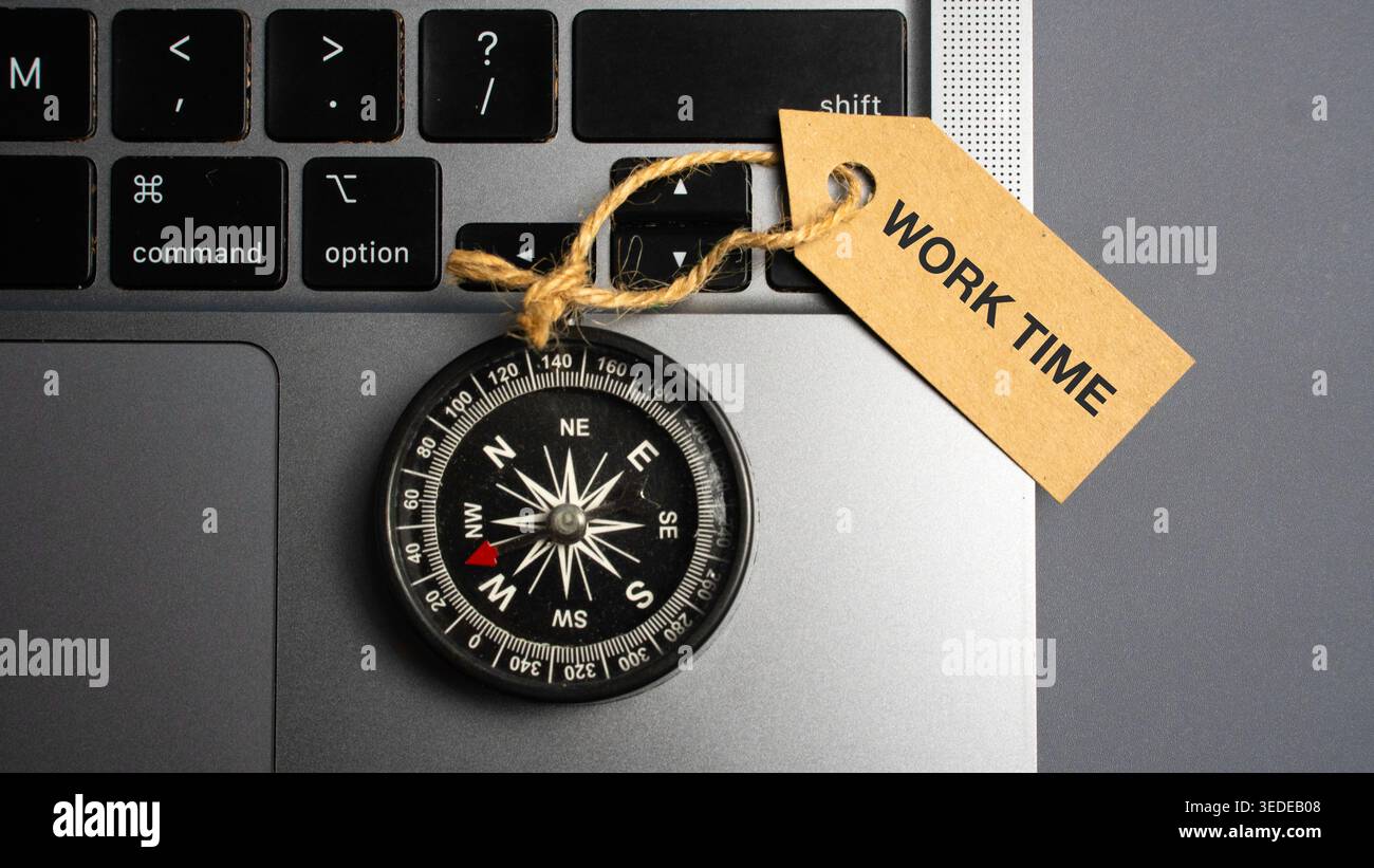 Work Time Label Attached to Magnetic Compass on Laptop Keyboard for ...