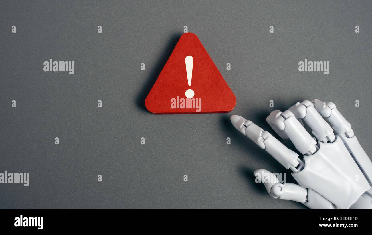 Robot Hand Touching Red Warning Exclamation Mark Sign for Artificial Intelligence Error and Machine Learning Risk Concept Stock Photo