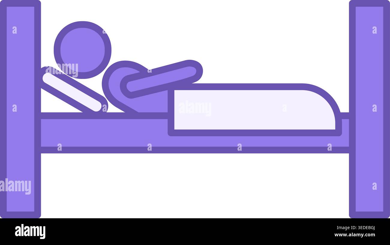 Colored Hostel Icon. Vector Icon of Sleeping Man in Bed with Blanket and Pillow. Travel and Vacation Concept Stock Vector