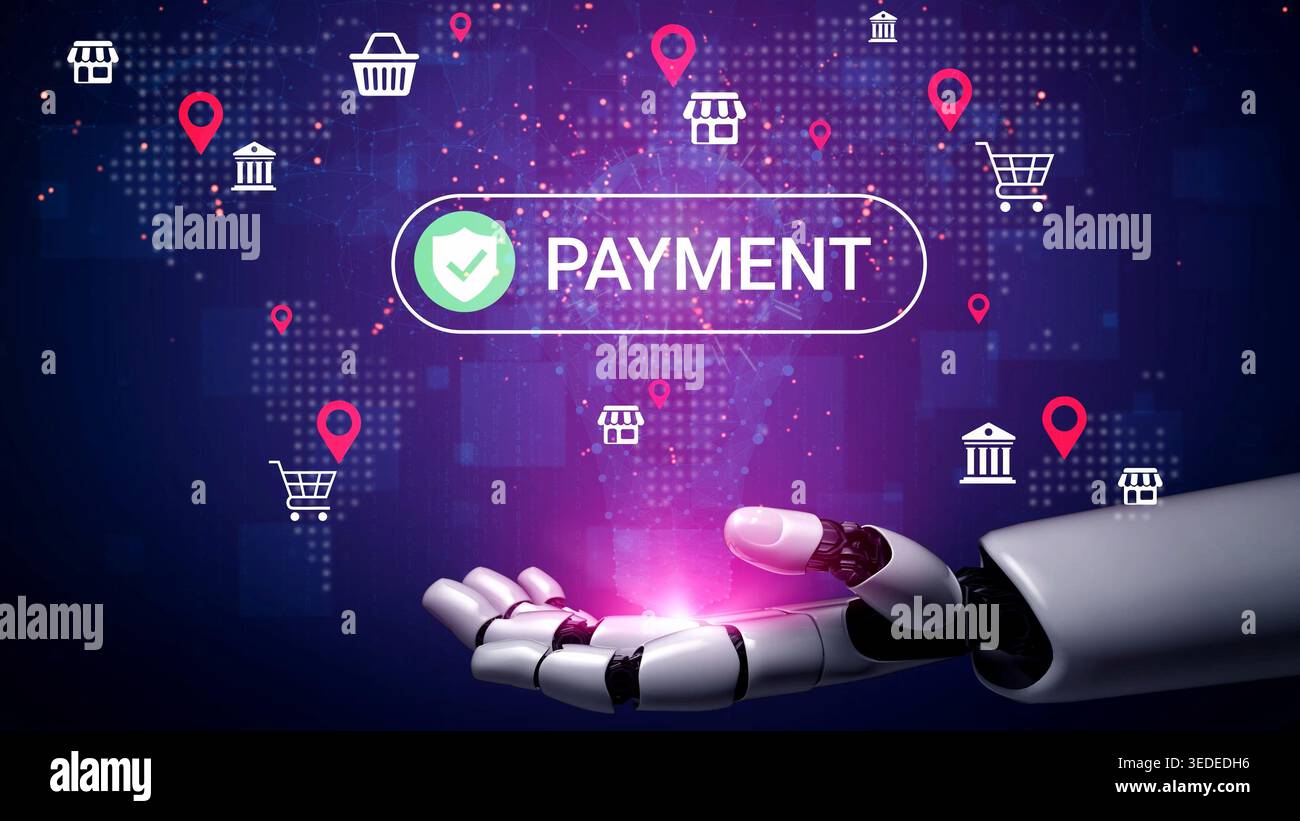 Futuristic Robot Hand Handling Payment Transaction with Digital Icons ...