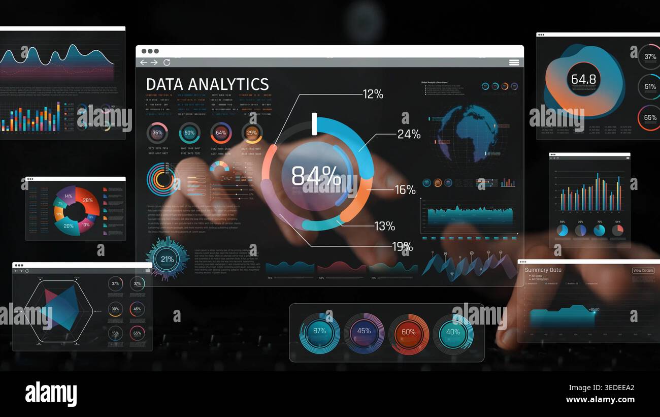 Innovative Data Analytics Dashboard Displaying Interactive Charts, Graphs, and Visualizations for Insightful Business Strategies and Performance Stock Photo