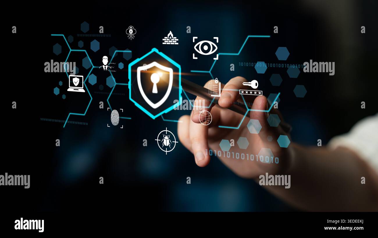 Digital Security Solutions Concept with Icons of Protection, Data Privacy, and Cybersecurity on a Futuristic Background Fluxor. Stock Photo