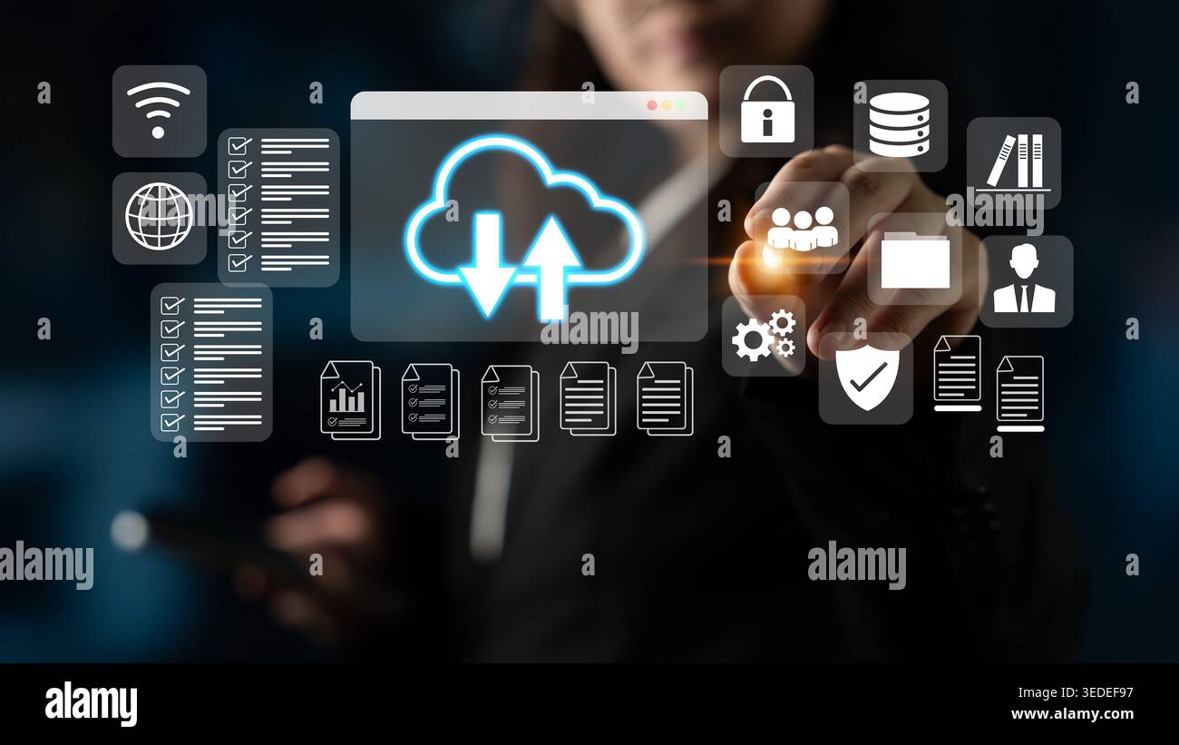 Cloud upload and download icon with surrounding data management, security, and analytics icons in digital interface Parse Stock Photo
