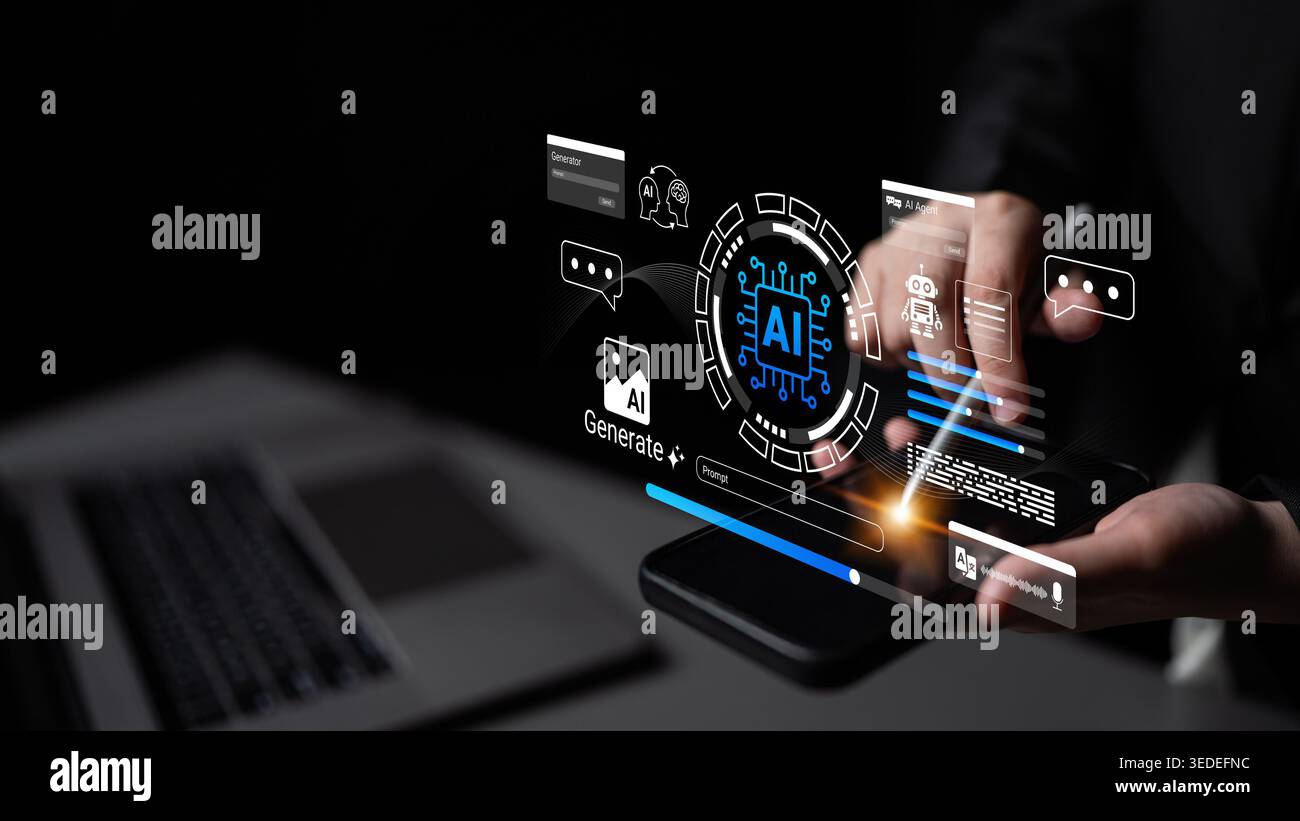 Explore a modern workspace featuring a digital interface that highlights artificial intelligence innovations, showcasing user engagement and advanced Stock Photo