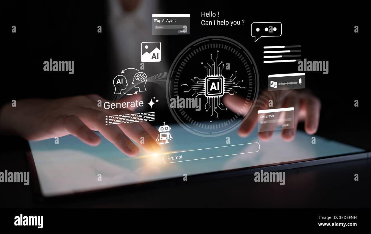 A user engages with a digital tablet displaying virtual AI elements and interface designs, showcasing the interaction between human and machine Stock Photo