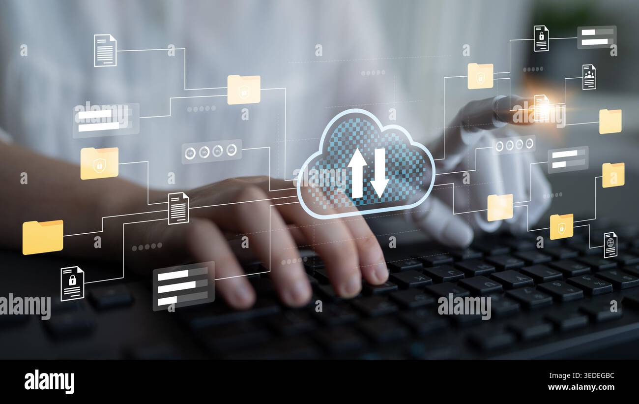 Illustration of a user uploading data to the cloud using a keyboard, representing modern technology, digital systems, and efficient data management Stock Photo