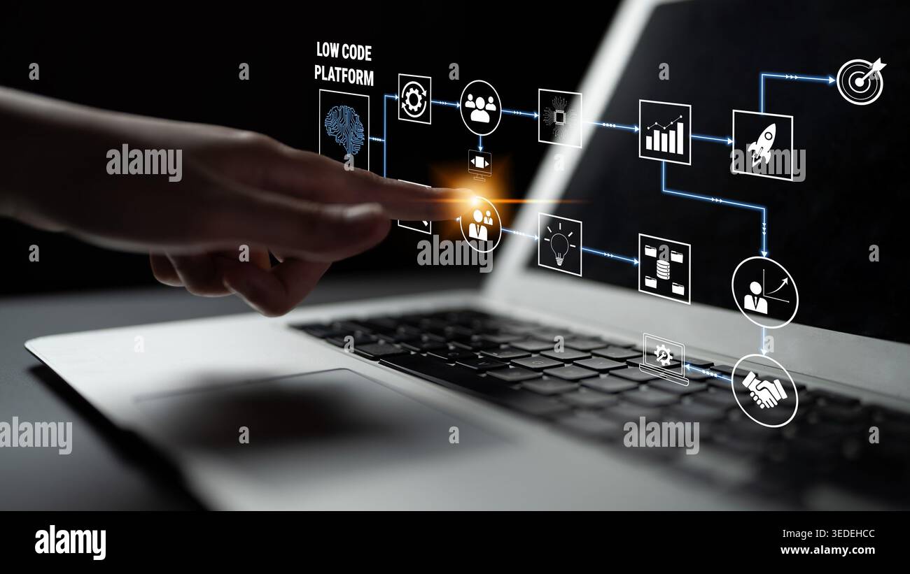 Modern Laptop Displaying Low Code Platform with Innovative Icons for Software Development and User Interaction in a Digital Workspace Quark. Stock Photo