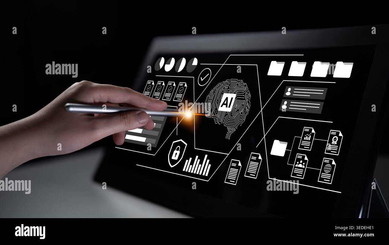 Explore a sophisticated digital interface showcasing artificial intelligence concepts with interactive elements, ideal for portraying technology Stock Photo