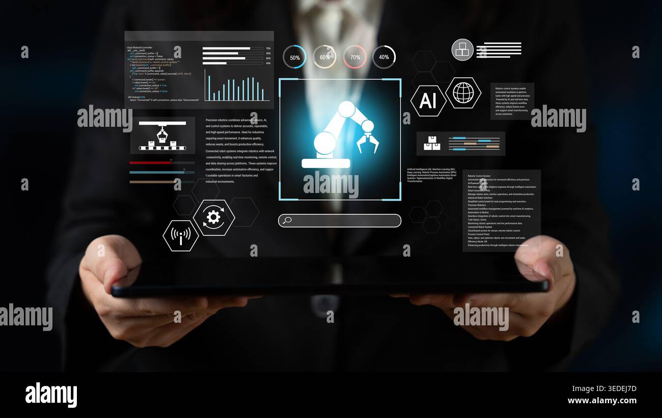 Robotic process automation enhances industrial efficiency through AI integration, intelligent control, and data-driven automation, improving workflow Stock Photo
