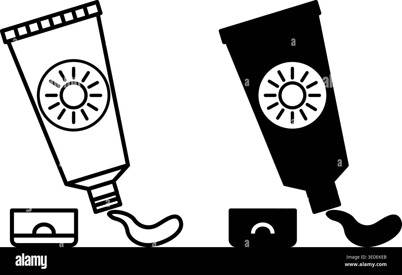 Sunscreen icons. Black and White Vector Icon of Open Tube with Sunscreen. Protecting Skin from Ultraviolet Light. Summer and Vacation Concept Stock Vector