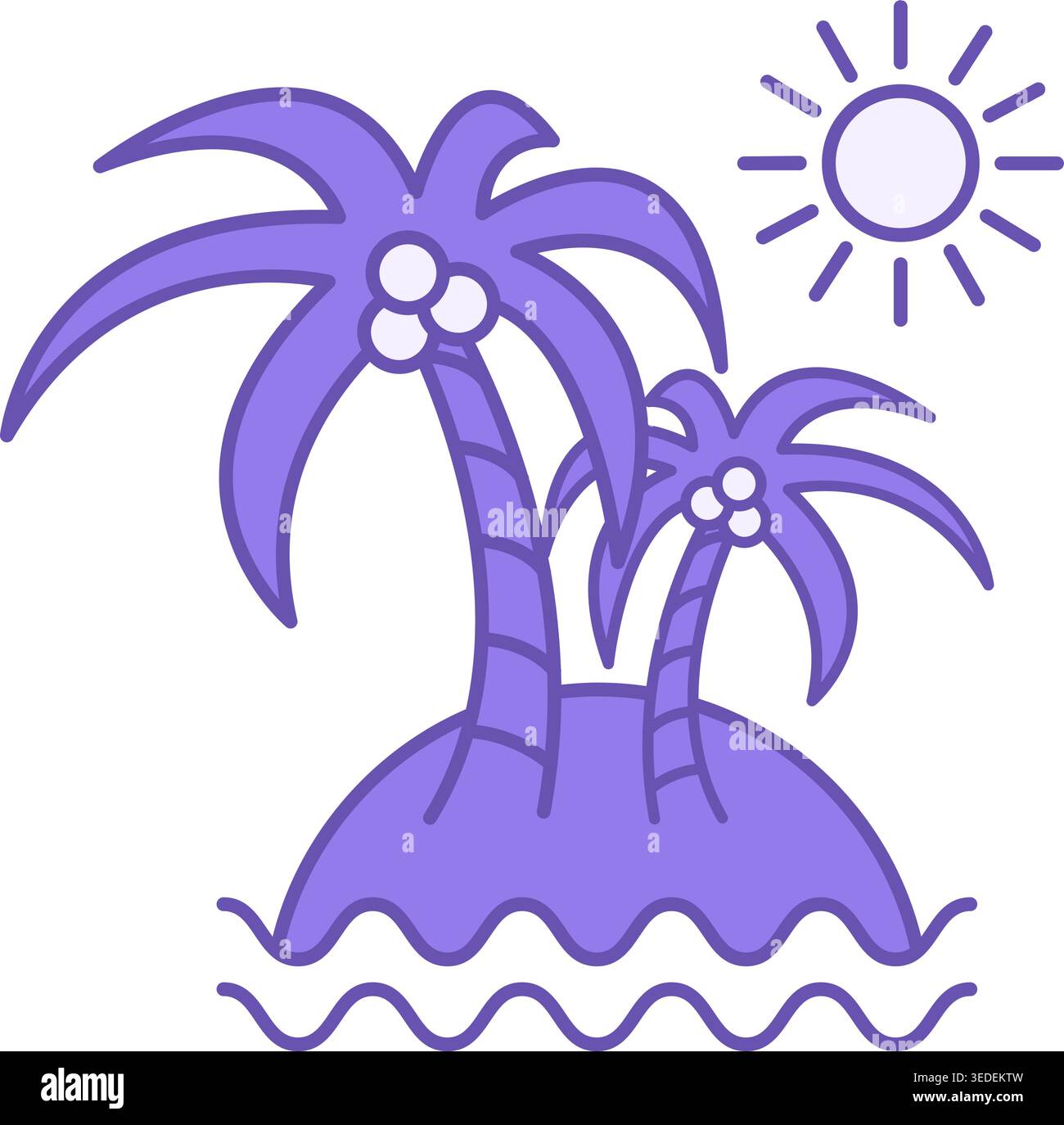 Island Color Icon. Vector Icon of Palm Trees on the Beach, Sun, and Ocean Waves. Tropical Island. Summer and Vacation Concept Stock Vector