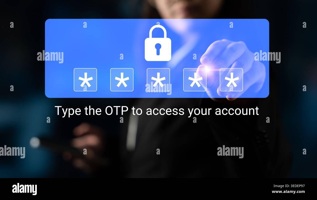 A person is entering a one-time password on a secure interface, emphasizing digital security and user authentication for online account access Stock Photo