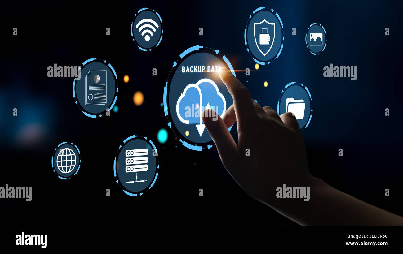 Hand Interacting with Digital Interface for Cloud Backup Data and Technology Icons on a Dark Background Haptic. Stock Photo