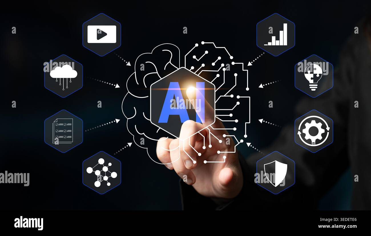 Hand touching a virtual display of AI concepts with various technology icons representing data analysis, cloud computing, machine learning, and Stock Photo