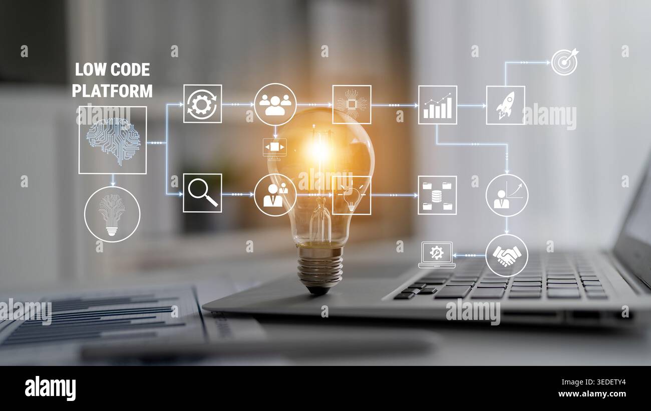 Innovative Low Code Platform Concept with Light Bulb Symbolizing Ideas and Creativity for Technology and Business Solutions Quark. Stock Photo