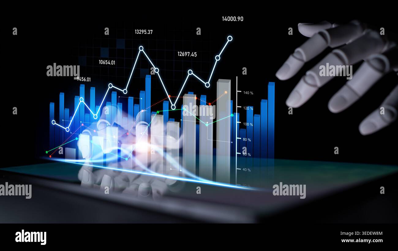 A robotic hand interacts with dynamic digital financial data on a tablet, highlighting trends, analytics, and modern visualizations, showcasing Stock Photo