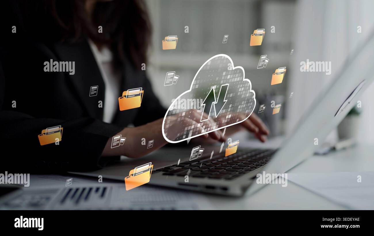 Cloud computing, cloud strategy, and cloud technology transforming digital infrastructure with scalable services, secure data storage, and cloud-based Stock Photo