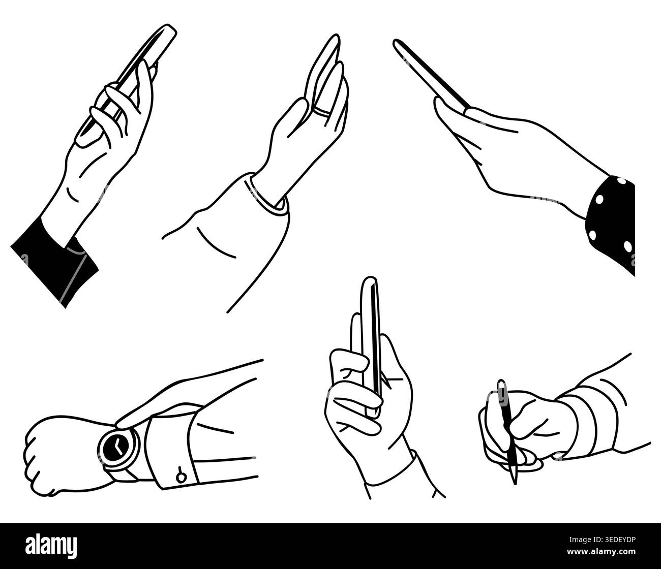 Simple line art shows six distinct hand gestures Stock Vector