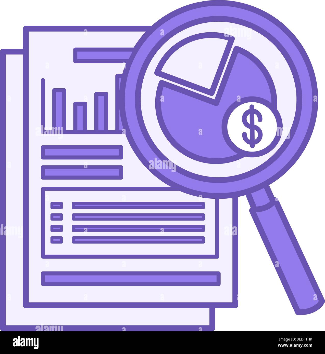 Financial Audit Color Icon. Vector Icon of Financial Chart in Magnifying Glass and Accounting Documents. Business and Finance. Accounting Concept Stock Vector