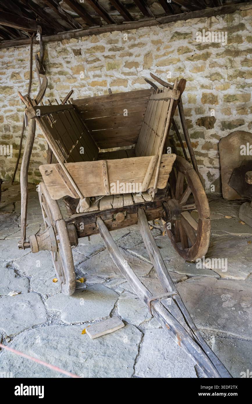 Gabrovo, Bulgaria. October 23, 2026. Traditional old horse drawn wagons and carriages at the Etar Ethnographic Museum. Stock Photo