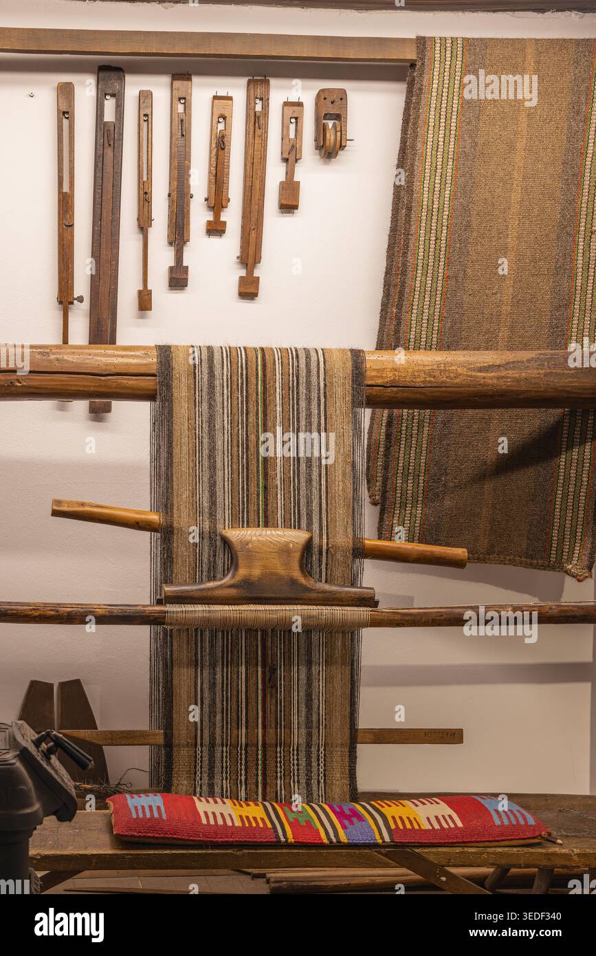 Gabrovo, Bulgaria. October 23, 2026. Traditional loom for weaving at the Etar Ethnographic Museum. Stock Photo