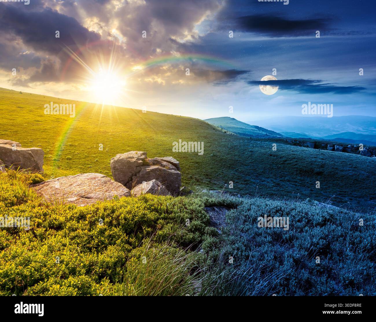 day meet night. mountain summer time landscape. sun and moon over meadow with giant stones among the grass on the hillside. epic view near the peak of Stock Photo