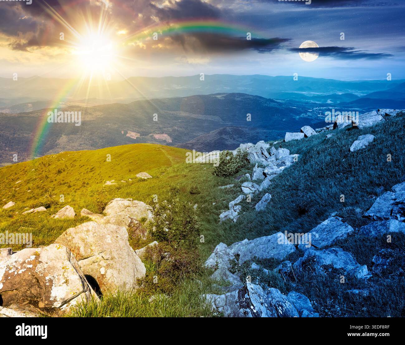 day meet night. carpathian mountain summer solstice landscape. alpine meadow with huge stones among the grass on top of the hillside near the peak of Stock Photo