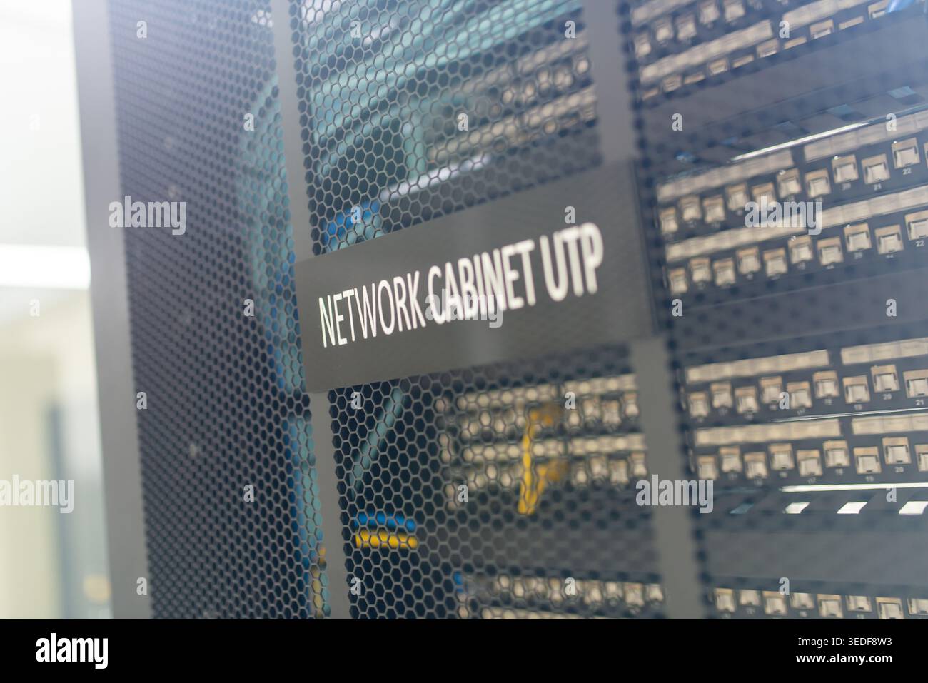 This image showcases a professional network cabinet featuring UTP ...
