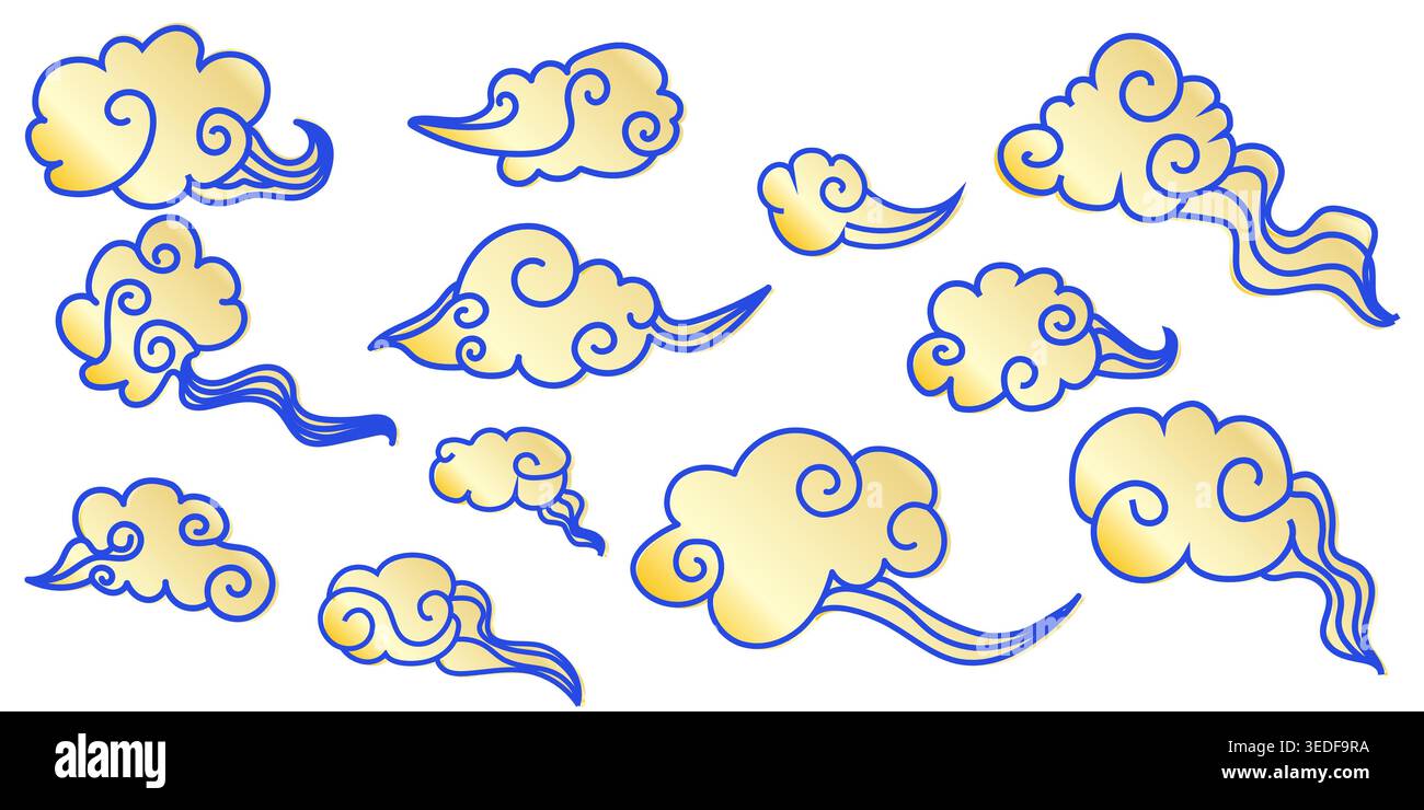 Set korean retro style golden clouds, asian illustration , line art vector decoration gold elements for banners, posters, cards Stock Vector