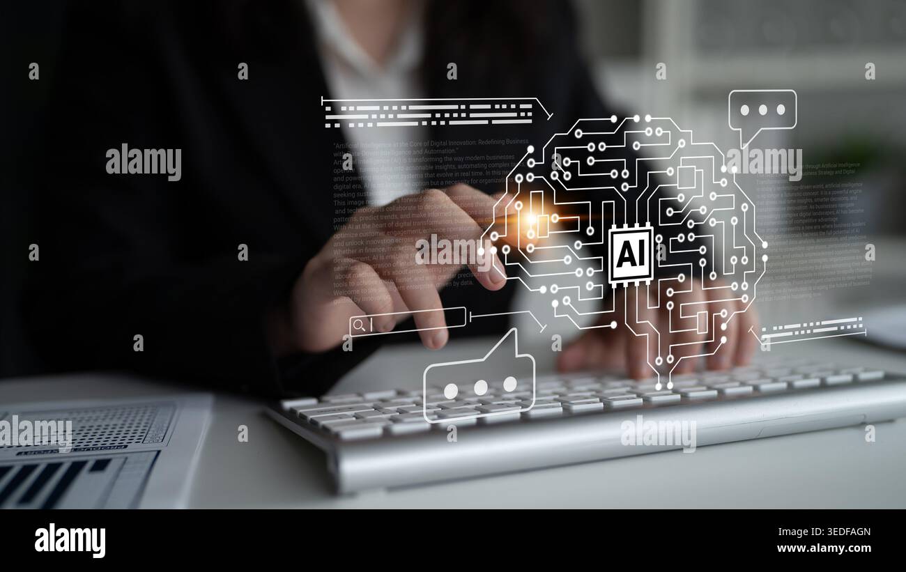 AI brain circuit symbolizing machine learning, automation, data processing, and advanced analytics driving modern business innovation Parse Stock Photo