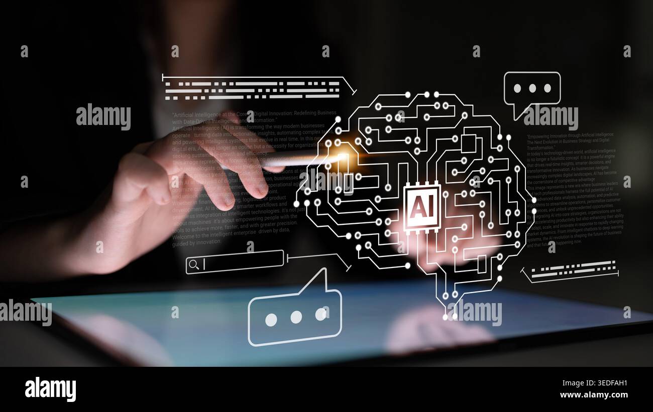 AI brain circuit symbolizing machine learning, automation, data processing, and advanced analytics driving modern business innovation Parse Stock Photo
