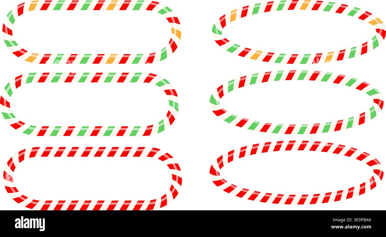 Set of frames twisted red and green, white  candy cane. Forms templates for the holiday.  oval. Vector isolated Stock Vector