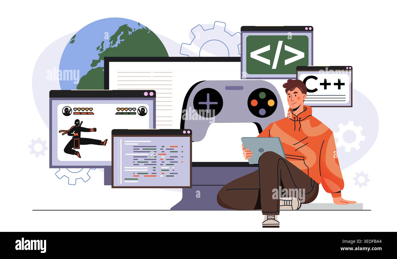 Game development concept. Man with tablet near computer and joystick. Gaming and virtual entertainment. Programmer writes code for videogames. Flat Stock Vector