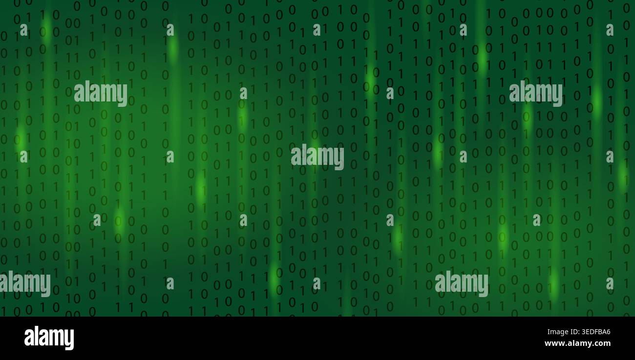 Vector green digital code rain in a matrix inspired futuristic style. High-tech backdrop with glowing binary characters Stock Vector