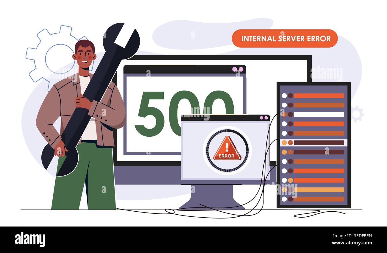 Error 500 concept. Man with wrench near computer screen. Internal server error. Computer code issues and broken links. Maintenance work. Flat vector Stock Vector