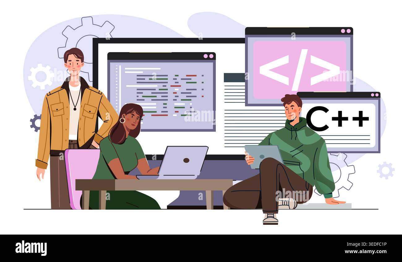 Programmers team concept. Man and woman write code for program or application. Coding and programming. Software development. Coders and it specialists Stock Vector